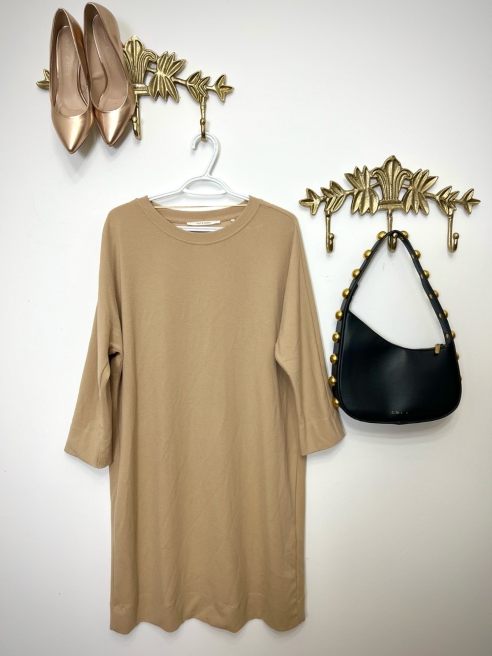 Beige Crewneck Shift Dress - Neutral Everyday Style XL ptp 24”